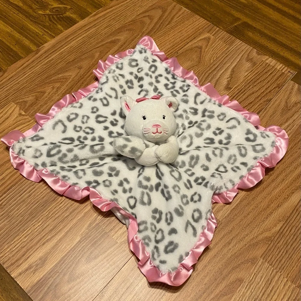 Okie Dokie Leopard Print Plush Blanket with Pink Trim Lovie Satin